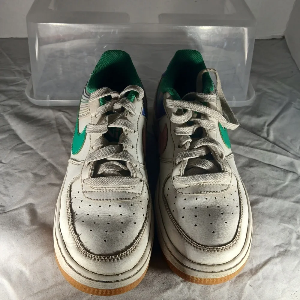 Nike Air‎ Force 1 Low Youth GS White Green Pink Iridescent Swoosh Shoes 4.5Y